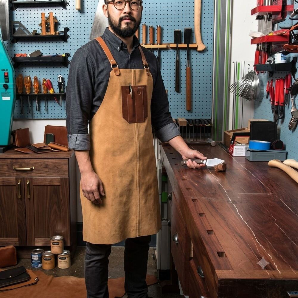 Garrett Wade USA Full Suede Shop Apron Cowhide Brass Phone Pencil Pocket